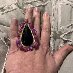 Sterling silver adjustable black onyx and pink moonstone statement ring